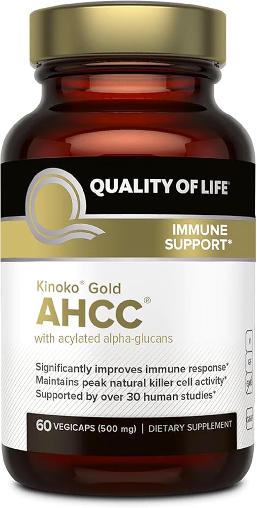 Quality of Life Premium Kinoko Gold AHCC Supplement, 500 mg per Capsule, Supports Immune Health, Liver Function, Maintains Natural Killer Cell Activity & Enhances Cytokine Production, 60 Veg Capsules