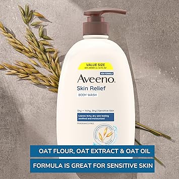 Aveeno Skin Relief Fragrance Free Body Wash, Triple Oat Formula, Gentle Daily Cleanser for Itchy Dry Sensitive Skin, Soap & Paraben Free, Soothes & Moisturizes, 33 fl oz