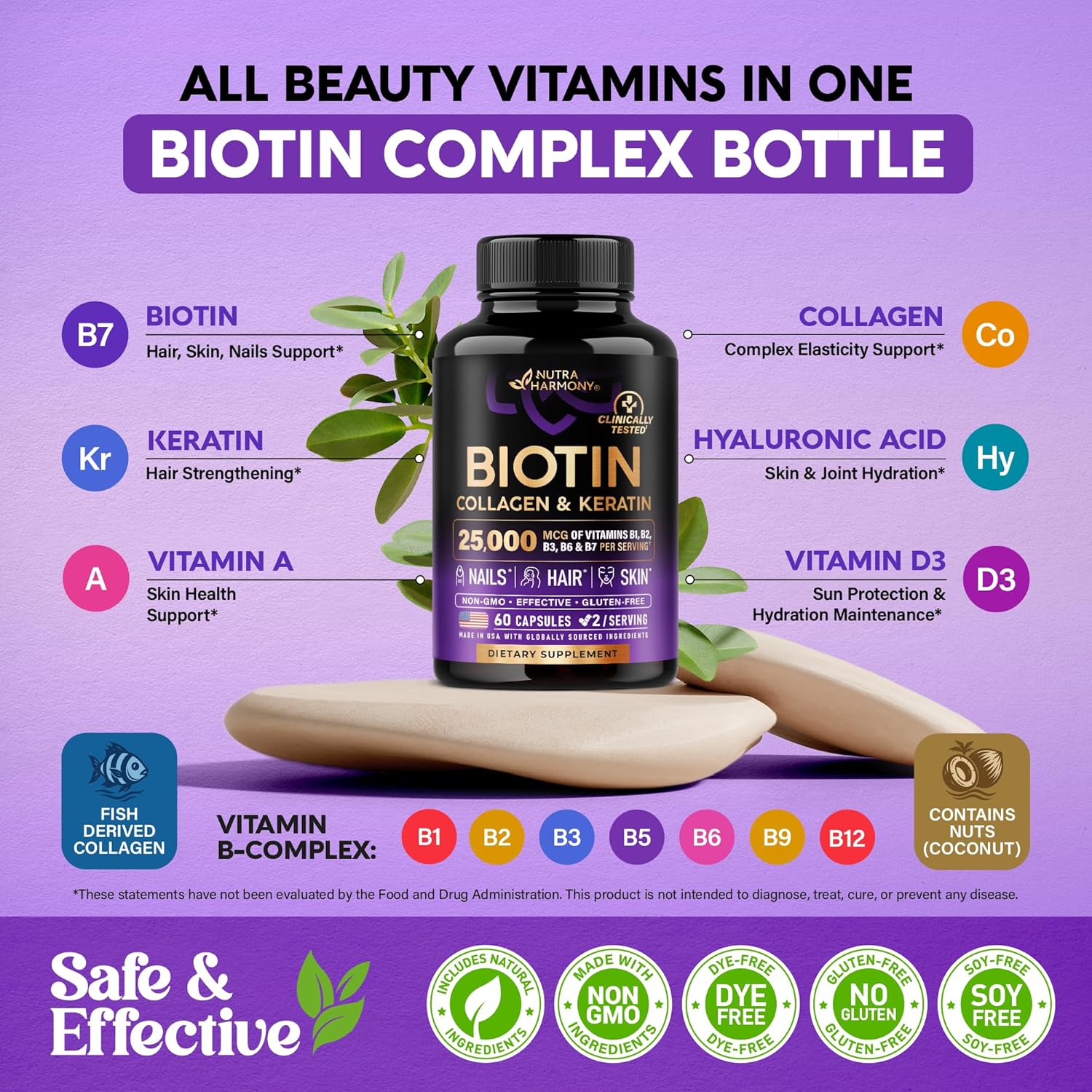 Biotin Collagen Hyaluronic Acid Keratin Supplement 25000mcg – Hair Growth Support for Women & Men | Skin Nails Vitamins B1 B2 B3 B6 B7 | 60 Capsules Ifelshop