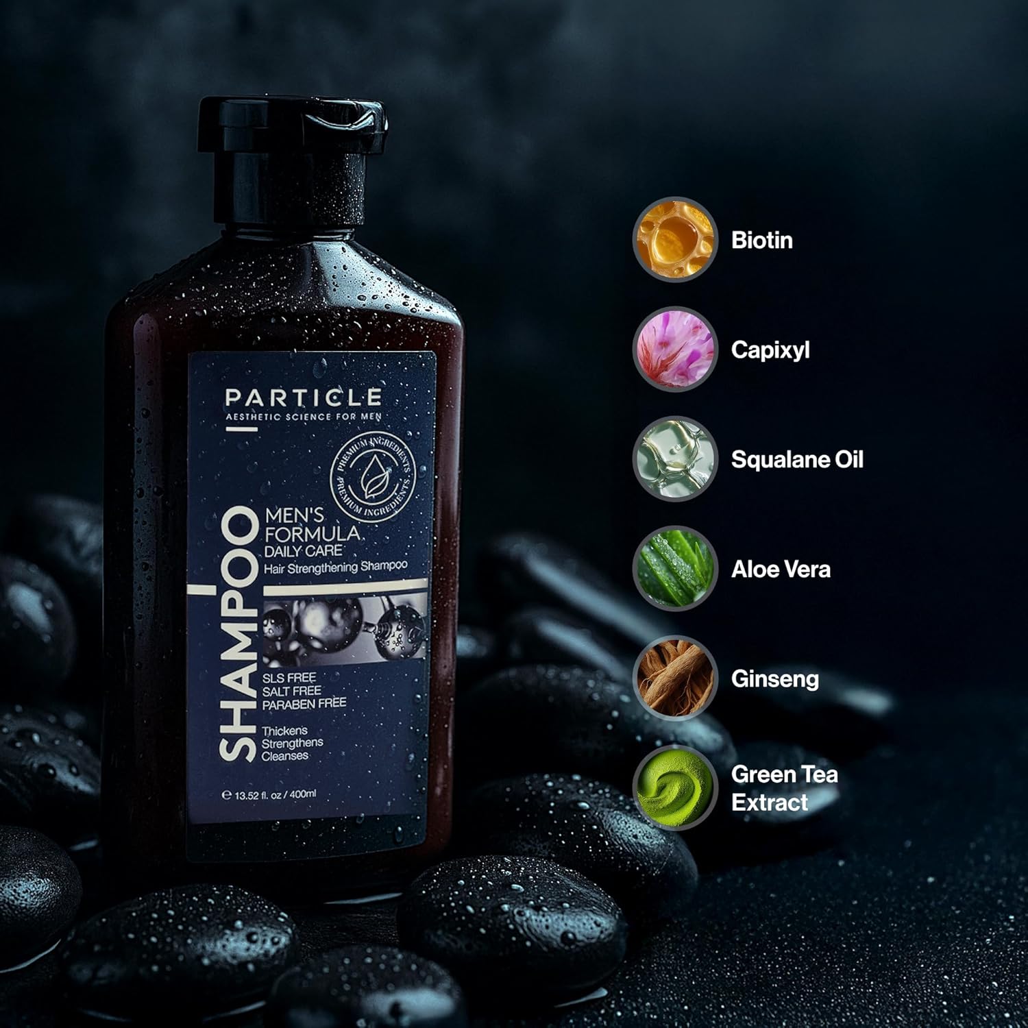 Particle Hair Thickening Shampoo for Men, Men’s Shampoo, Cleansing Formula Made with Biotin, Capixyl, Redensyl, Ginseng and Green Tea Extract for Hair Strength Support, Paraben Free, 400 mL Ifelshop