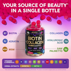 Biotin Gummies with Collagen - Hair Growth Support Skin, & Nail Strength - for Women & Men - Biotin 10000mcg | Keratin | Hyaluronic Acid | B-Complex | Saw Palmetto - Sugar-Free, Mixed Berry - 60 Gummy Ifelshop