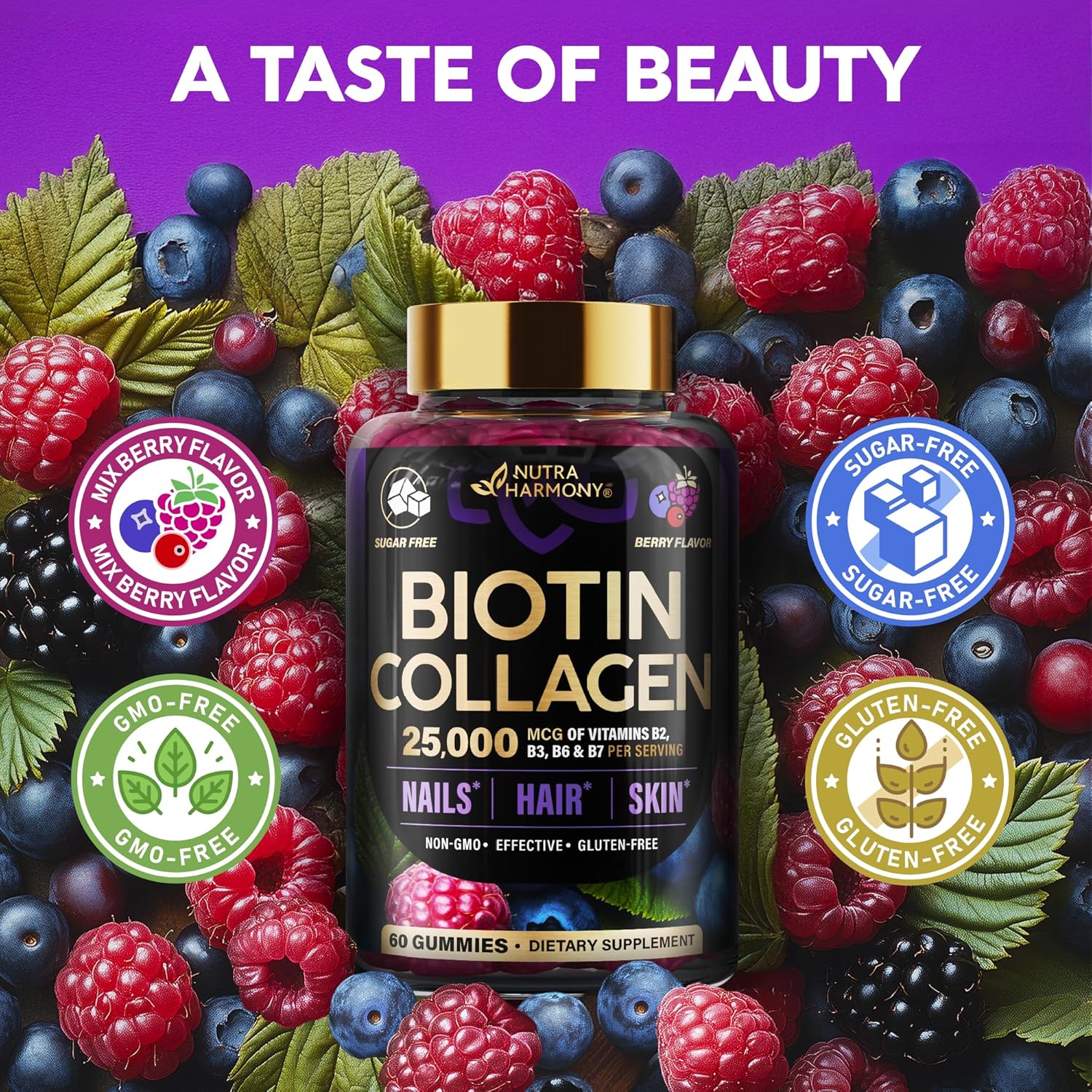 Biotin Gummies with Collagen - Hair Growth Support Skin, & Nail Strength - for Women & Men - Biotin 10000mcg | Keratin | Hyaluronic Acid | B-Complex | Saw Palmetto - Sugar-Free, Mixed Berry - 60 Gummy Ifelshop