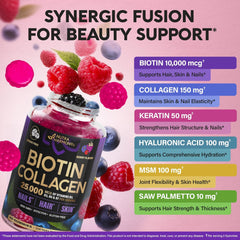 Biotin Gummies with Collagen - Hair Growth Support Skin, & Nail Strength - for Women & Men - Biotin 10000mcg | Keratin | Hyaluronic Acid | B-Complex | Saw Palmetto - Sugar-Free, Mixed Berry - 60 Gummy Ifelshop