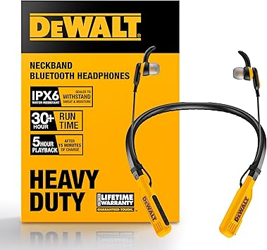 DEWALT Heavy Duty Bluetooth Neckband Headphones, Wireless Around The Neck Earbuds w/ 30H Runtime + Noise Isolation, Secure Magnetic Wireless Earbuds, Jobsite Pro Built-in Mic Bluetooth Headsets