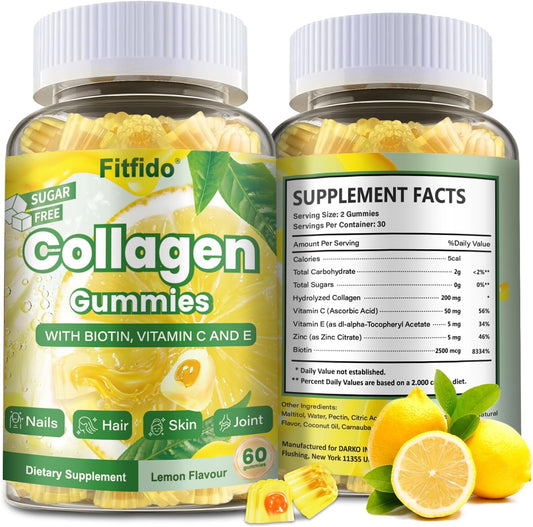 Collagen Gummies with Multi-Collagen Peptides, Vitamin C, Zinc and Biotin - for Thick Hair, Strong Nails & Healthy Skin - Sugar Free & Vegan (Lemon Flavor, 60 Counts) Ifelshop