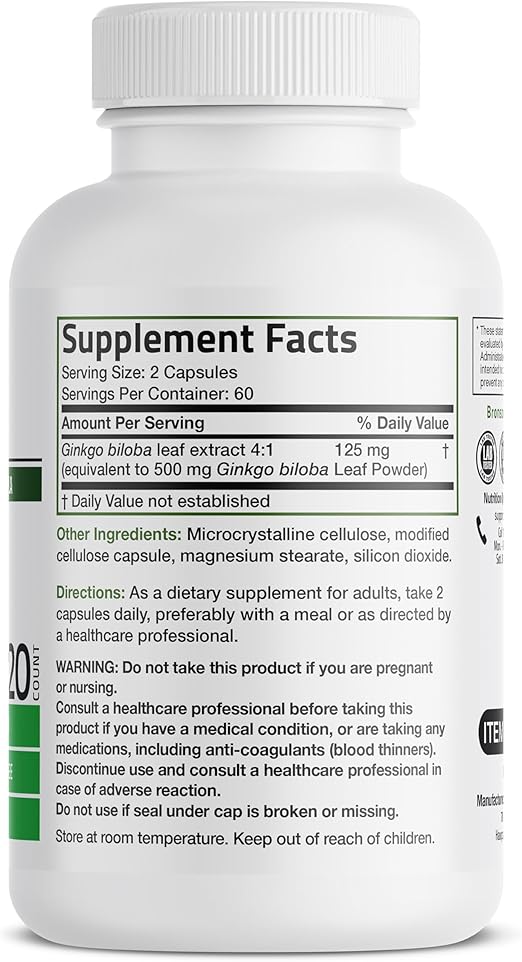 Bronson Ginkgo Biloba Extra Strength Supports Brain Function & Memory Support, 120 Vegetarian Capsules