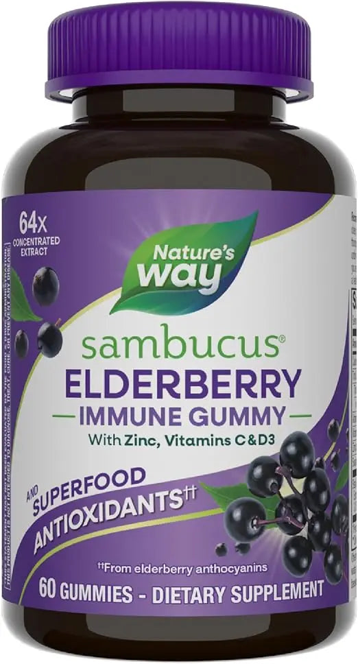 Nature’s Way Sambucus Elderberry Immune Support Gummies for Kids & Adults* with Black Elderberry Extract, Vitamin C, Vitamin D3, and Zinc, 60 Gummies (Packaging May Vary) Retailxpres