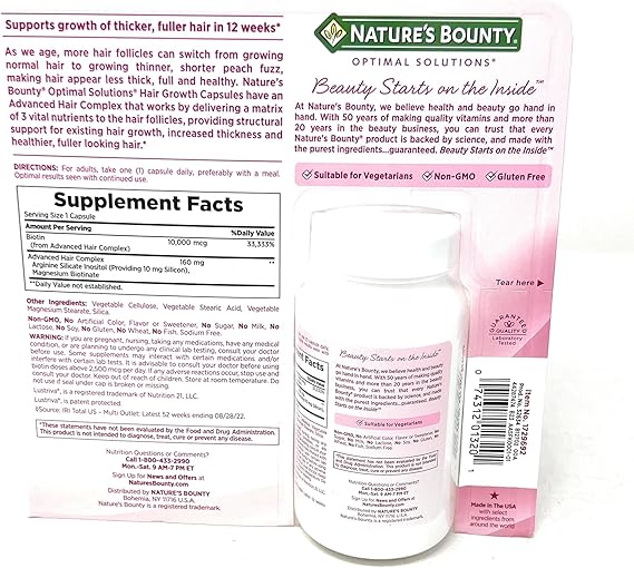 Nature's Bounty Hair Growth Supplement, 1 Per Day, Clinically Shown to Support Thicker, Fuller Hair, with Biotin, Silicon & Arginine, 90 Capsules