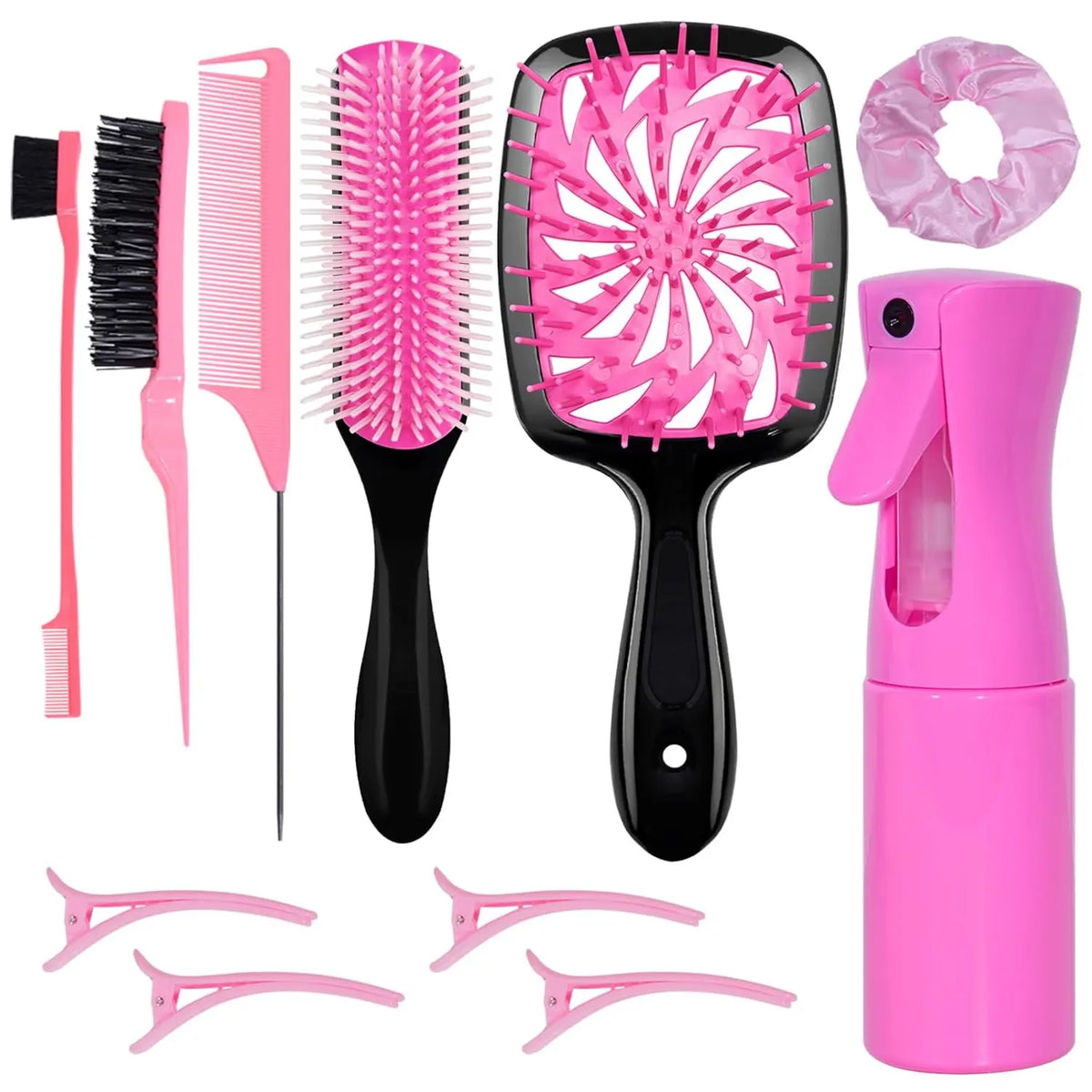 11 Pcs Hair Brush Set with Detangling Hair Brush and Spray Bottle – Smooth Hairbrush Set for Toddlers, Adults and Children, Wet and Dry Hair, Pink IFELSHOP