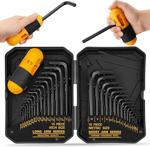 31-Piece Hex Key Set - Allen Wrench Set, SAE and Metric Allen Keys MM(0.7mm-10mm) SAE(0.028"-3/8) Heat-Treated, Torque Handle, High Leverage, Long & Short Keys, Easy Organization Retailxpres