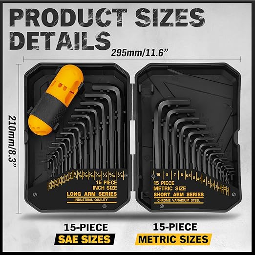 31-Piece Hex Key Set - Allen Wrench Set, SAE and Metric Allen Keys MM(0.7mm-10mm) SAE(0.028"-3/8) Heat-Treated, Torque Handle, High Leverage, Long & Short Keys, Easy Organization Retailxpres
