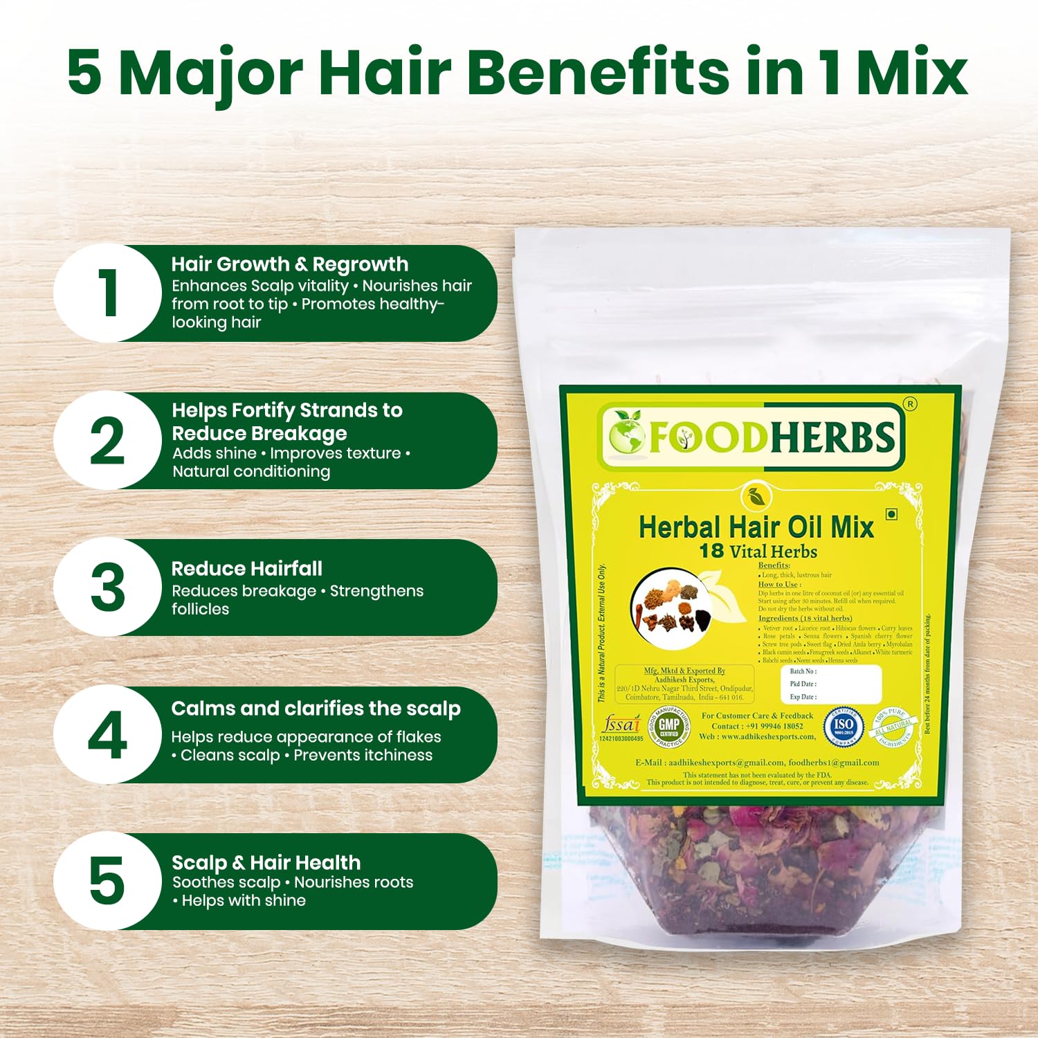 Foodherbs Premium Herbal Hair Oil Mix – 18 Ayurvedic Herbs for Natural Hair Growth, Strong Roots, Fuller Volume & Shiny Healthy Strands | DIY Oil Infusion Ifelshop