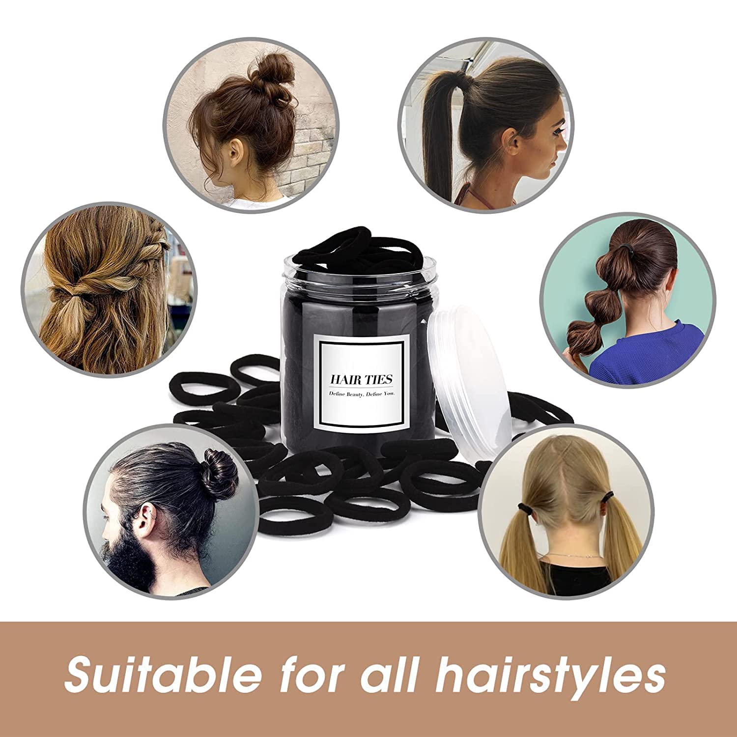 50PCS Black Hair Ties Cotton Seamless Ponytail Holders – No Damage Elastic Hair Bands for Thick, Heavy and Curly Hair Ifelshop