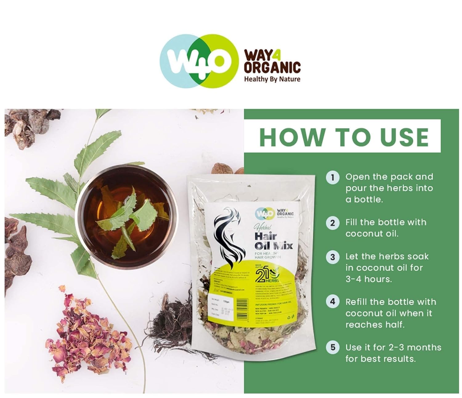 Way4Organic Herbal Hair Growth Oil Mix – 21 Ayurvedic Herbs for Hair Growth, Hairfall Control & Scalp Care, 150g – Men & Women Ifelshop