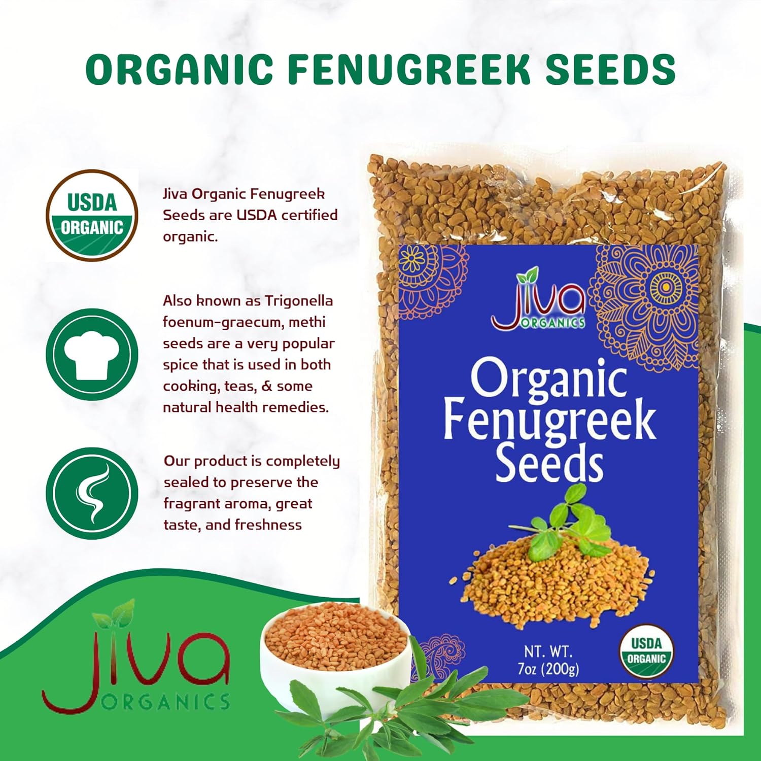Jiva Organic Fenugreek Seeds 7 oz | Non-GMO Raw Methi Seeds for Hair Growth, Cooking & Sprouting | Product of India Ifelshop