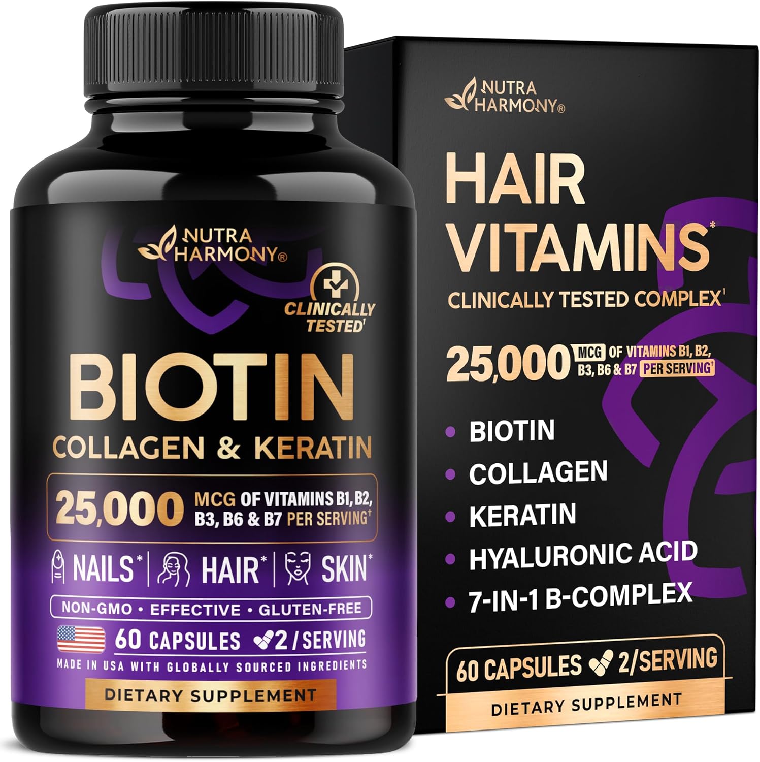 Biotin Collagen Hyaluronic Acid Keratin Supplement 25000mcg – Hair Growth Support for Women & Men | Skin Nails Vitamins B1 B2 B3 B6 B7 | 60 Capsules Ifelshop