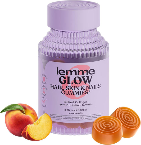 Lemme Glow Collagen Gummies for Thick Hair, Strong Nails & Healthy Skin with Multi-Collagen Peptides, Biotin, Trace Minerals, Zinc, Vitamins A, C & E, Dairy & Gluten Free, Peach Flavor, 60 ct. Ifelshop