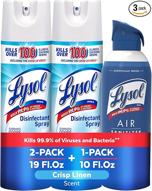 Lysol Bundle containing x2 Lysol Disinfectant Spray for Hard and Soft Surfaces, Crisp Linen, 19 Fl. Oz + Lysol Air Sanitizer Spray, For Air Sanitization and Odor Elimination, White Linen, 10 Fl. Oz