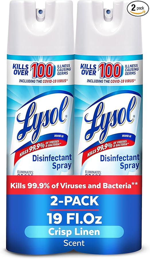 Lysol Disinfectant Spray, Household Essential Cleaning Supplies, Multi-Purpose Room Spray, Antibacterial Sanitizer Spray, Upholstery Deodorizer, Home and Bathroom, Crisp Linen,19 Fl Oz (Pack of 2) Retailxpres