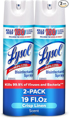 Lysol Disinfectant Spray, Household Essential Cleaning Supplies, Multi-Purpose Room Spray, Antibacterial Sanitizer Spray, Upholstery Deodorizer, Home and Bathroom, Crisp Linen,19 Fl Oz (Pack of 2)
