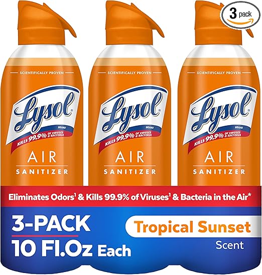 Lysol Air Sanitizer Spray with Odor Eliminator for Home & Office, Sanitizing Spray, Air Freshener Alternative, Tropical Sunset Scent, 10 oz (Pack of 3)