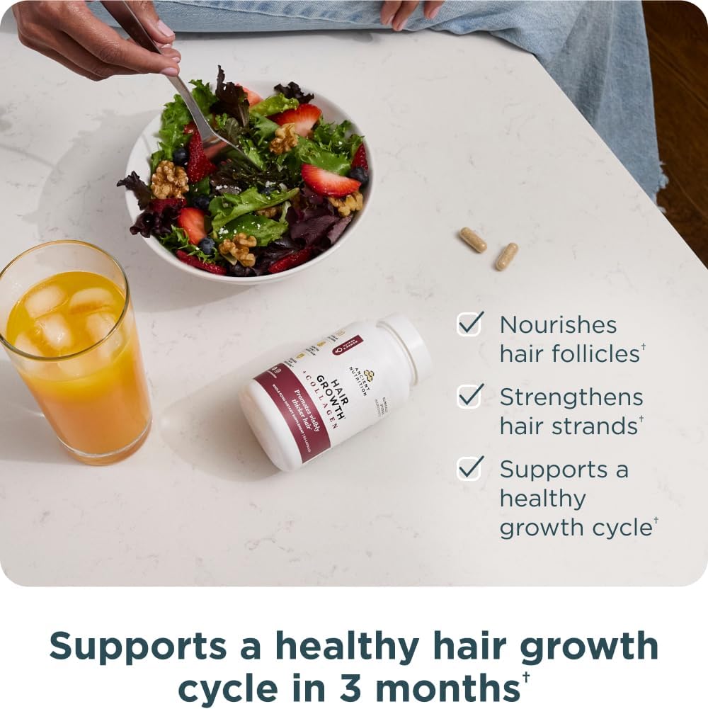 Ancient Nutrition Hair Growth Plus Collagen Supplement with Hydrolyzed Collagen Peptides and Clinically Studied Superfoods for Thicker Fuller Hair and Radiant Skin 60 Count Ifelshop