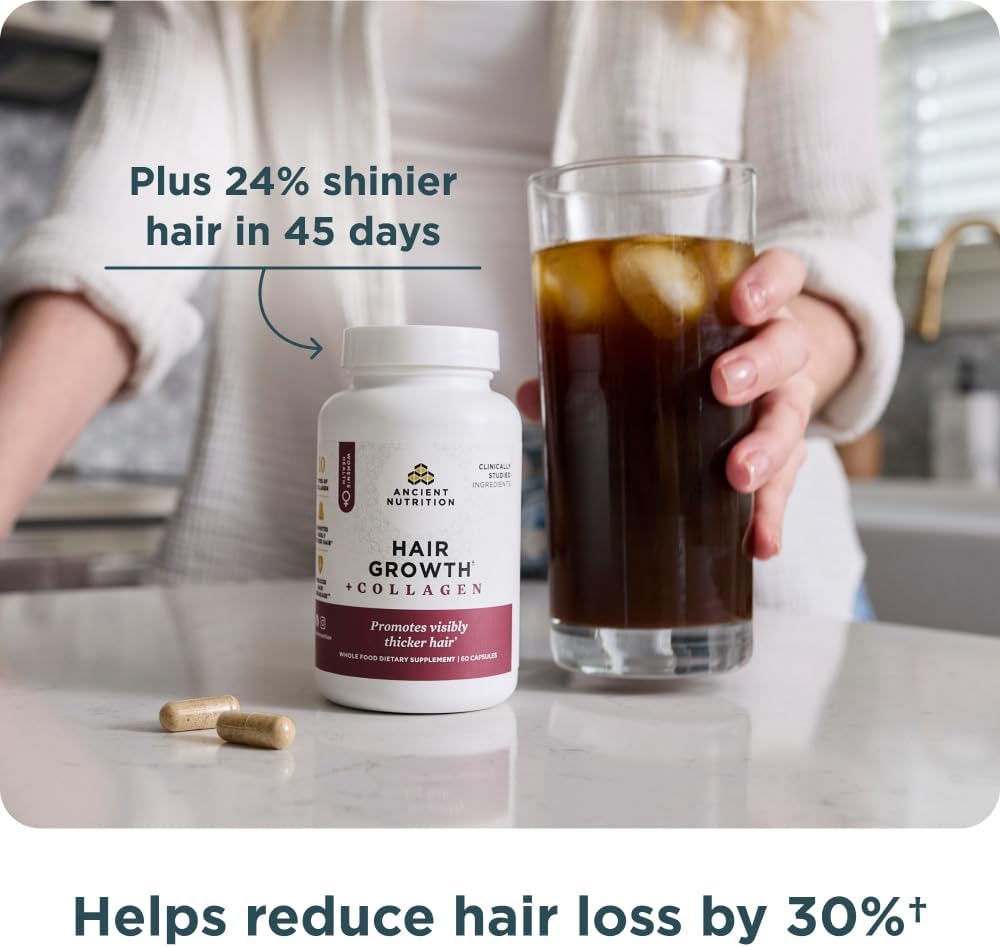 Ancient Nutrition Hair Growth Plus Collagen Supplement with Hydrolyzed Collagen Peptides and Clinically Studied Superfoods for Thicker Fuller Hair and Radiant Skin 60 Count Ifelshop