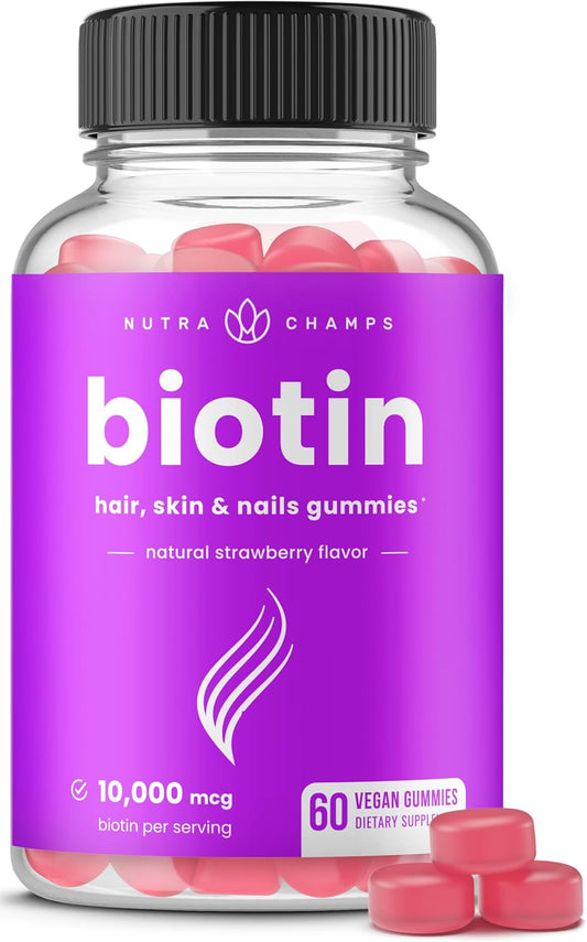 NutraChamps Biotin Gummies 10000mcg [High Potency] for Healthy Hair, Skin & Nails Vitamins for Women, Men & Kids - 5000mcg in Each Hair Vitamins Gummy - Vegan, Non-GMO, Hair Health Supplement Ifelshop