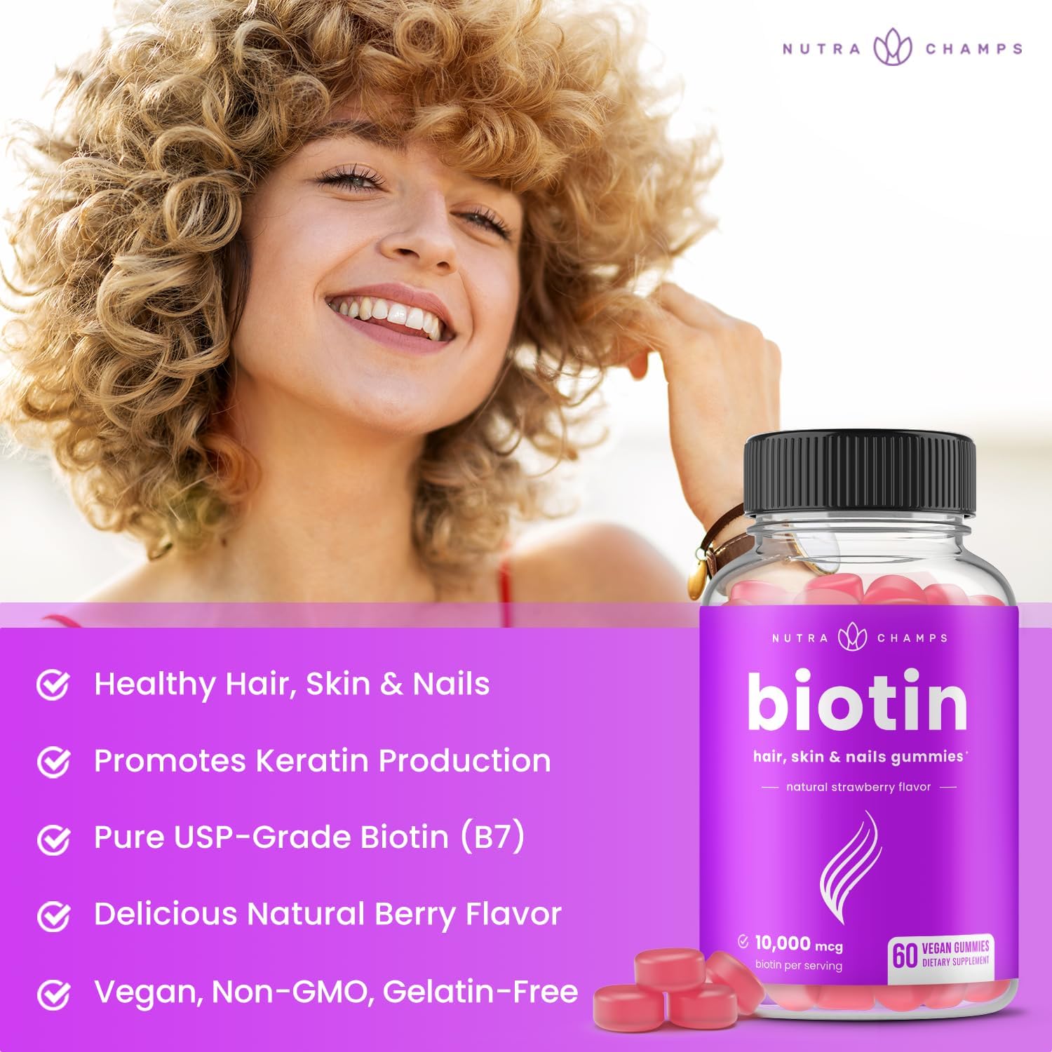 NutraChamps Biotin Gummies 10000mcg [High Potency] for Healthy Hair, Skin & Nails Vitamins for Women, Men & Kids - 5000mcg in Each Hair Vitamins Gummy - Vegan, Non-GMO, Hair Health Supplement Ifelshop