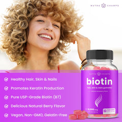 NutraChamps Biotin Gummies 10000mcg [High Potency] for Healthy Hair, Skin & Nails Vitamins for Women, Men & Kids - 5000mcg in Each Hair Vitamins Gummy - Vegan, Non-GMO, Hair Health Supplement Ifelshop