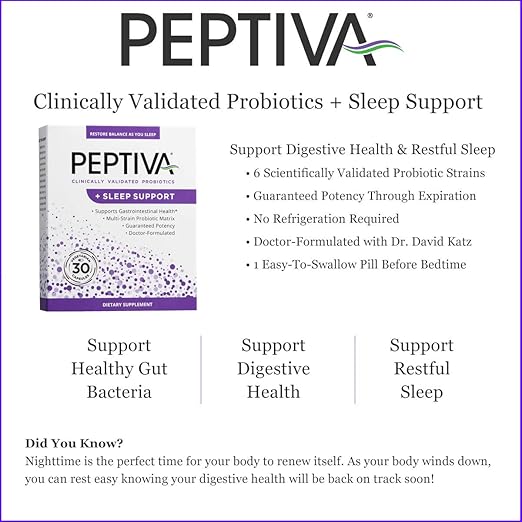Peptiva 26 Billion CFU Probiotic and Sleep Support - Clinically Validated Multi-Strain Probiotic - Lactobacillus and Bifidobacterium, Melatonin - 30 Count