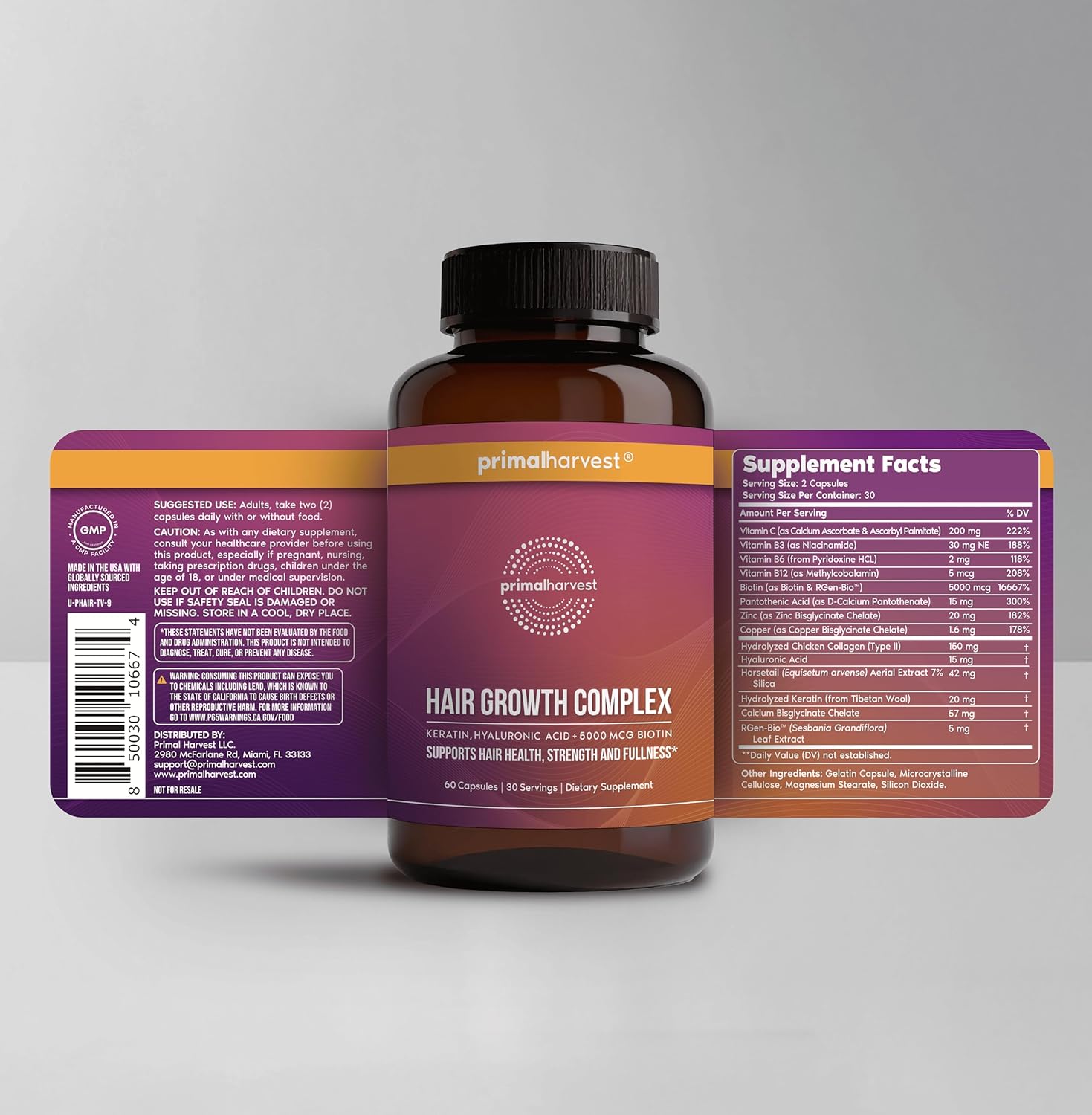 Primal Harvest Hair Growth Vitamins – Daily Hair Thickening Supplement with Biotin & Zinc for Women & Men, Supports Stronger, Fuller-Looking Hair (60 Capsules) Ifelshop