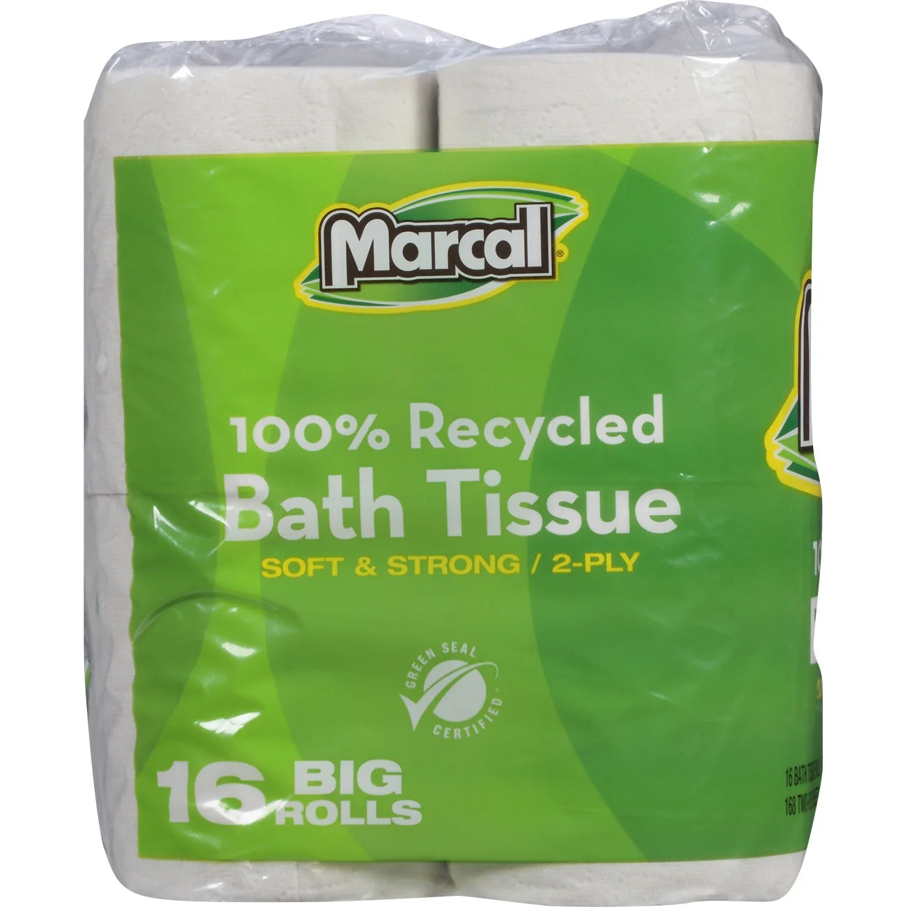 Marcal 100% Recycled 2-Ply Bath Tissue, Septic Safe, White, 168 Sheets/Roll, 16 Rolls/Pack (MRC1646616PK)