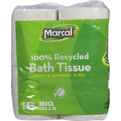Marcal 100% Recycled 2-Ply Bath Tissue, Septic Safe, White, 168 Sheets/Roll, 16 Rolls/Pack (MRC1646616PK)