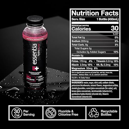 NEW Essentia Hydroboost Enhanced Bottled Water, 15.2 fl. oz. (450 mL), 12 Pack, Raspberry Pomegranate, Hydrolyte Blend with B-Complex Vitamins and Electrolytes, Clean Taste & Supercharged Hydration
