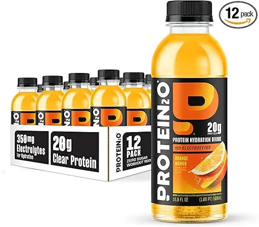 Protein2o Hydration Drink - 2-in-1 Liquid Clear Whey Protein Isolate and Electrolyte Drink - 20g Protein, Vitamins B5, B6 - Post-Workout Recovery - 16.9 Fl Oz - 12 Count Orange Mango Retailxpres