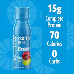 Celebrate Vitamins Mini Protein Drinks - Ready to Drink, 15g Complete Protein, BCAAs Amino Acids and Hydrolyzed Collagen - Zero Carbs, Gluten Free, Sugar Free, & Fat Free - CranGrape, 3 Fl Oz Each (6Pk)