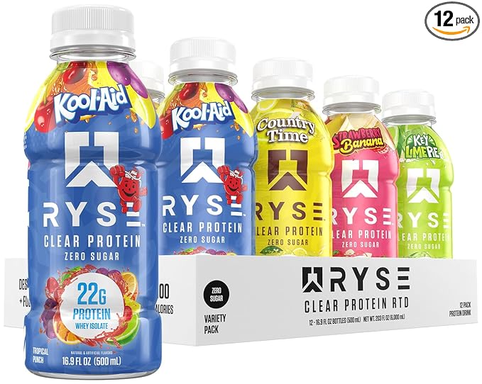 RYSE Clear Protein Shake - Variety Pack - 100 Calories, 22g Whey Isolate Protein, Sugar-Free, 0g Fat & Lactose-Free - Refreshing Ready-to-Drink Beverage - 16.9 fl oz Bottles (12-Pack)
