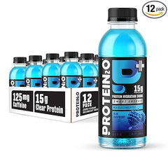 Protein2o 15g Whey Protein Isolate Hydration Drink Plus Energy & Focus, 350mg of Electrolytes, 125mg of Caffeine, Sugar Free, Blue Raspberry, 16.9 oz Bottle (Pack of 12)