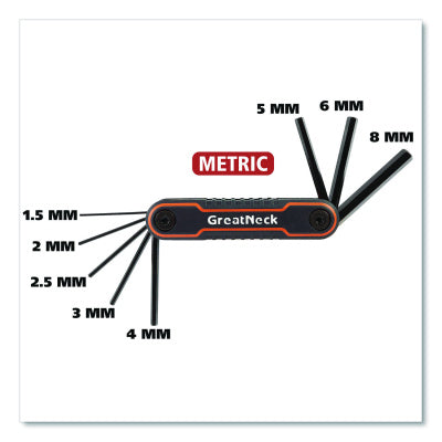 Great Neck Hex Key Fold-Up Tool Set, Two-Piece, Metric/SAE, Black-Oxide/Blue (SAE), Black-Oxide/Red (Metric) (GNS74205)