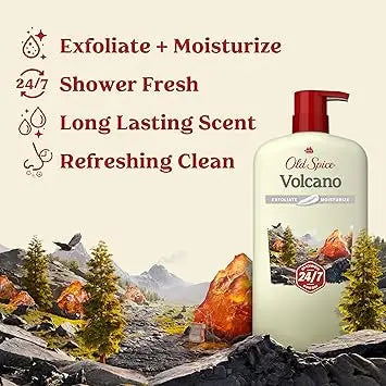 Old Spice Cleansing Body Wash for Men, 24/7 Shower Fresh with Lasting Scent, Exfoliate & Moisture, Gentle on Skin, Vitamin B3, Volcano with Dark Cedar + Amber Scent, 30 oz Retailxpres