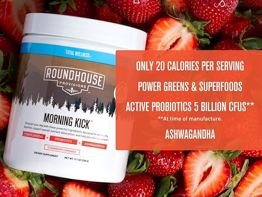 ROUNDHOUSE PROVISION Morning Kick, Zero Sugar Greens Superfood Powder Supplement with Ashwagandha, Collagen, Probiotics, Debloat Drink, 30 Servings (Strawberry Lemonade) by Chuck Norris