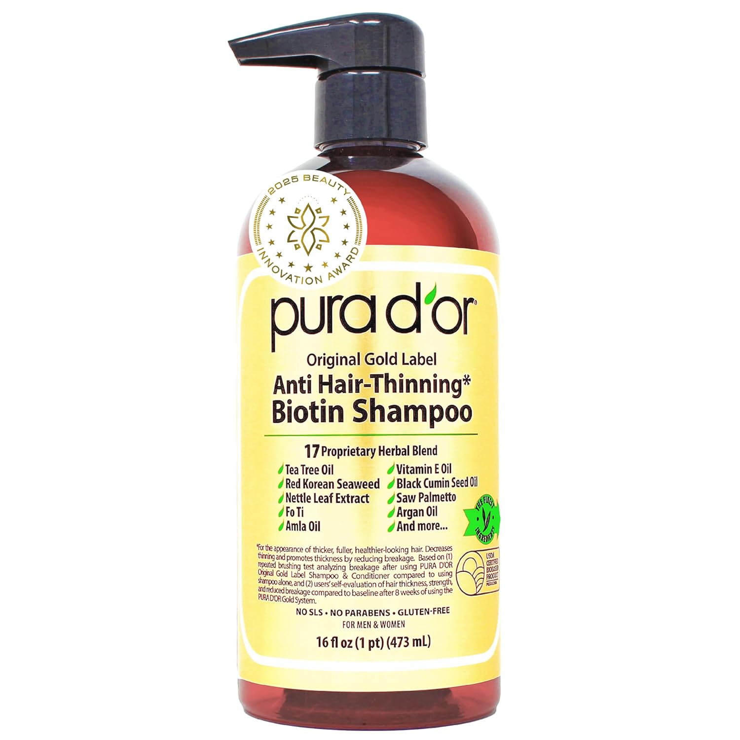 PURA D'OR Original Gold Label Anti-Thinning Shampoo – CLINICALLY TESTED Botanical Formula – Biotin & Argan Oil – Sulfate-Free Strengthening & Volumizing for Fuller-Looking Hair, Men & Women, 16 fl oz Ifelshop
