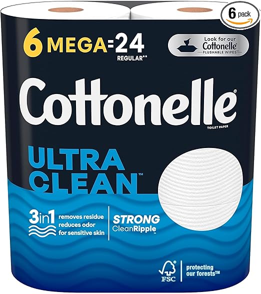 Cottonelle Ultra CleanCare Toilet Paper, Strong Tissue, Mega Rolls, Septic Safe, 1-Ply, White, 284/Roll, 6 Rolls/Pack, 36 Rolls/Carton (KCC55699)