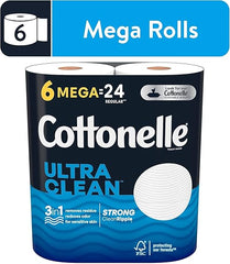 Cottonelle Ultra CleanCare Toilet Paper, Strong Tissue, Mega Rolls, Septic Safe, 1-Ply, White, 284/Roll, 6 Rolls/Pack, 36 Rolls/Carton (KCC55699)