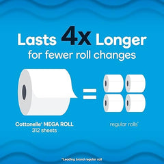 Cottonelle Ultra CleanCare Toilet Paper, Strong Tissue, Mega Rolls, Septic Safe, 1-Ply, White, 284/Roll, 6 Rolls/Pack, 36 Rolls/Carton (KCC55699)