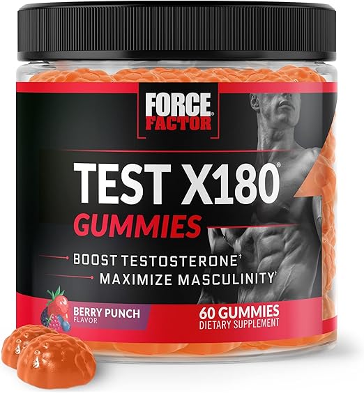 Force Factor Test X180 Gummies Testosterone Booster for Men with Tongkat Ali, Horny Goat Weed, Tribulus Terrestris, Fenugreek, & Black Maca, Supplement Men, Berry Punch, 60 Gummies, 1-Pack