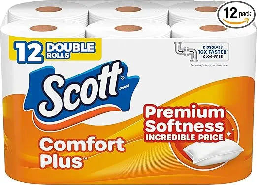 Scott ComfortPlus Toilet Paper, 12 Double Rolls, 231 Sheets per Roll, Septic-Safe, 1-Ply Toilet Tissue Retailxpres