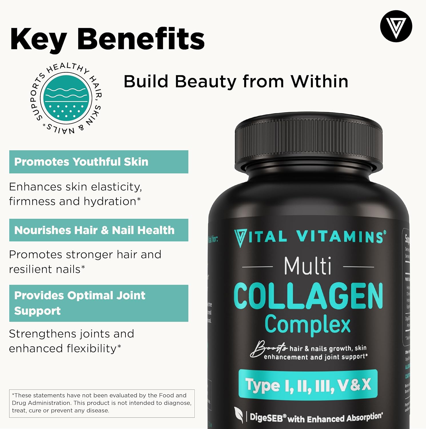 Vital Vitamins Multi Collagen for Women and Men Type I II III V X Grass Fed Non GMO 150 Capsules Ifelshop