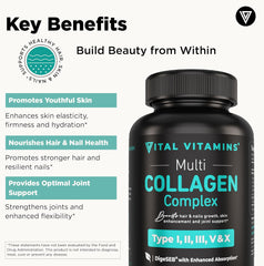 Vital Vitamins Multi Collagen for Women and Men Type I II III V X Grass Fed Non GMO 150 Capsules Ifelshop